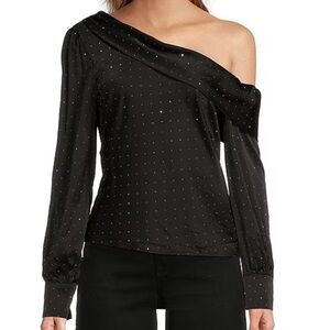 ASTR Black Satin Rhinestone Off Shoulder Top - Size Small